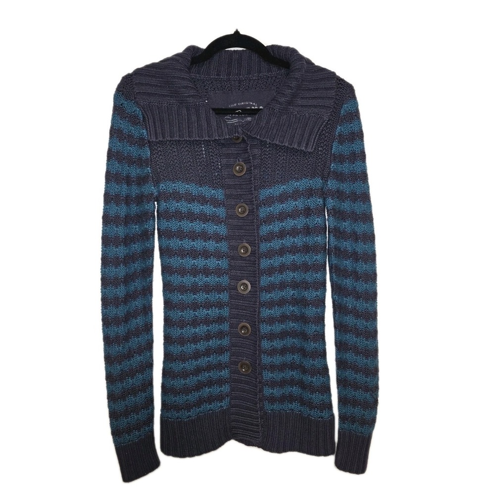 Arizona Jean Co Women's Button Sweater Blue Stripe‎ Cardigan Damaged Hole L
